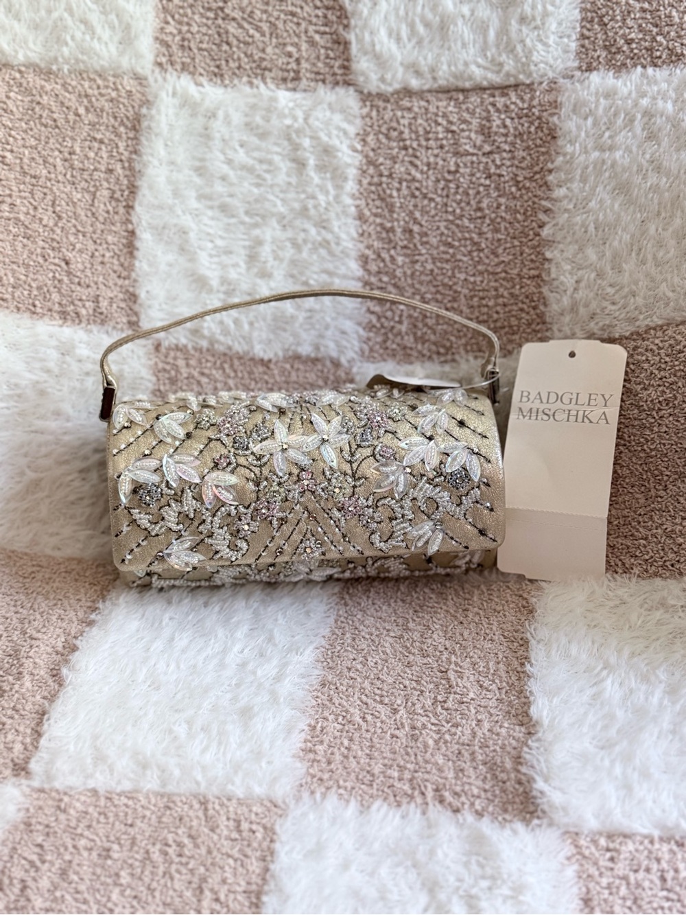 Badgley Mischka Moonstone Beaded Evening Clutch Floral Embellished Bag NWT